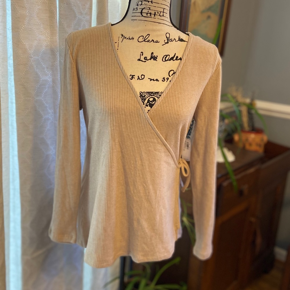 Tan wrap-style sweater